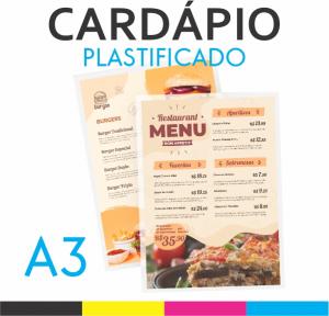 Cardápio A3 Plastificado Couchê 300g A3 Frente e Verso Colorido Polaseal 0,05 125mic Plastificação 