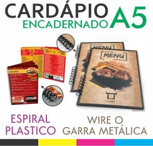 Cardápio A5 Encadernado Couchê 300g A5 Frente e Verso Colorido Polaseal 0,05 125mic Plastificação 