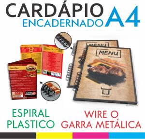 Cardápio A4 Encadernado Couchê 300g A4 Frente e Verso Colorido Polaseal 0,05 125mic Plastificação 