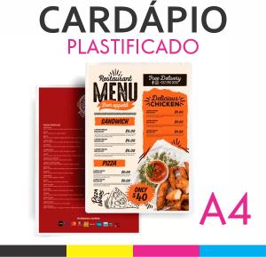 Cardápio A4 Plastificado Couchê 300g A4 Frente e Verso Colorido Polaseal 0,05 125mic Plastificação 